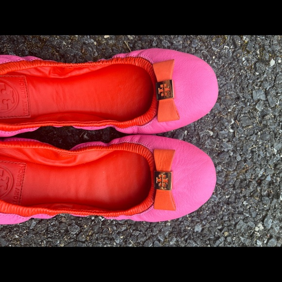 Tory Burch eddie bow women’s pink orange leather ballet flats w/ box size 7 - Picture 7 of 8